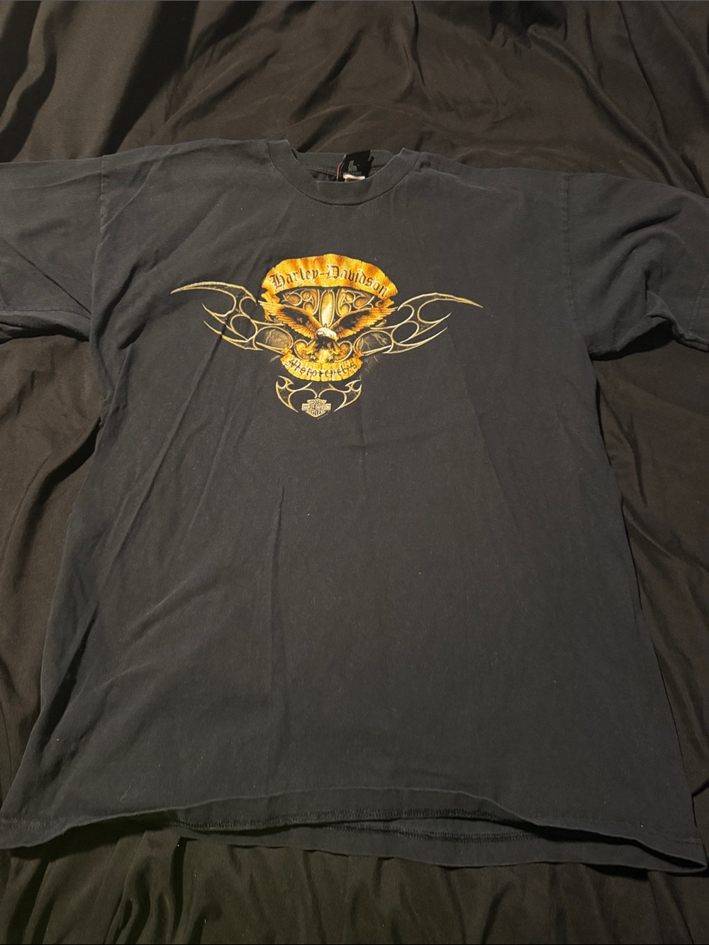 Harley-Davidson Black Tee with Gold Skull & Flame Graphic